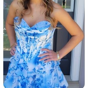 Blue Floral Strapless Prom Dress